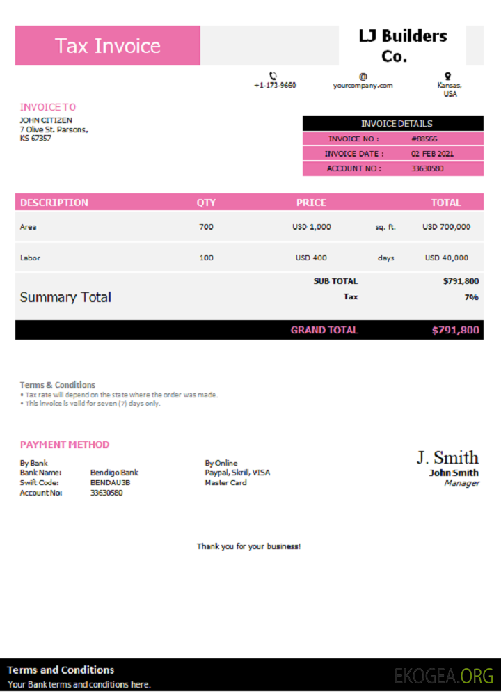 Facture USA LJ Builders Co.